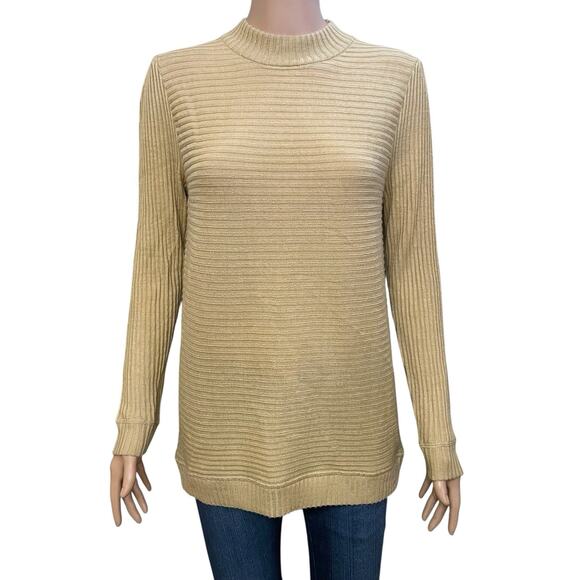 Aventura Ribbed Knit Sweater Medium Merino Wool Blend Tan Soft Long Sleeve - Picture 1 of 8